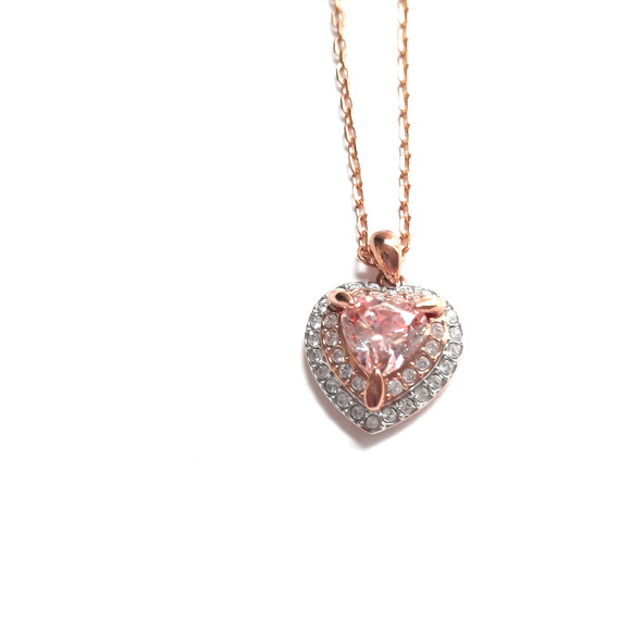 Swarovski Signed Pink Crystal Heart Pendant Rose Gold Chain Necklace 15" + 2" Ex - Picture 1 of 7